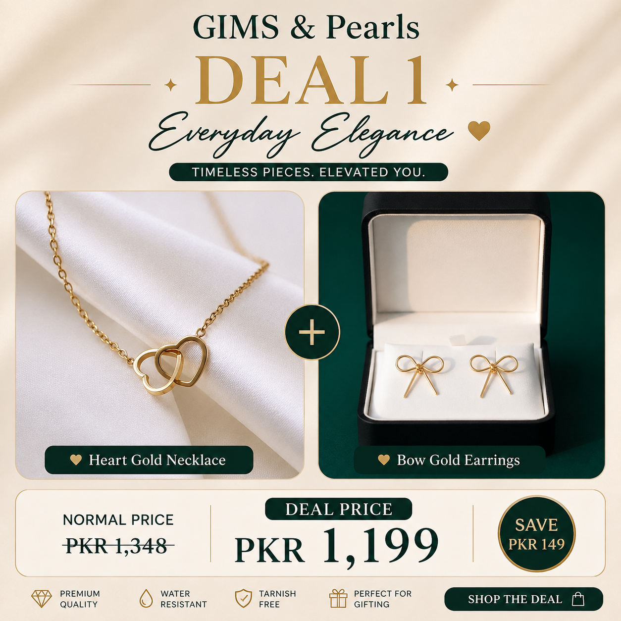 GIMS & Pearls Deal 1 Everyday Elegance - Heart Gold Necklace and Bow Gold Earrings for PKR 1,199