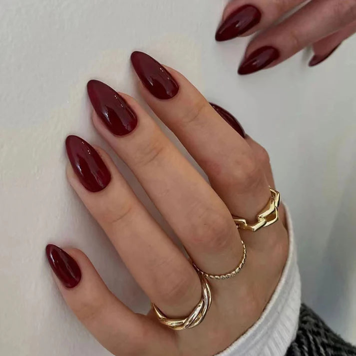 MN-00601 - Dark Maroon - Press On Nail Set Of 24 - Free 24 Pcs Sticker Sheet Included