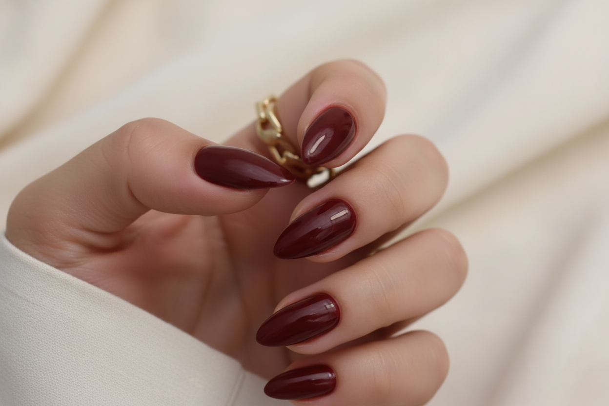 Dark Maroon Nails Close-Up