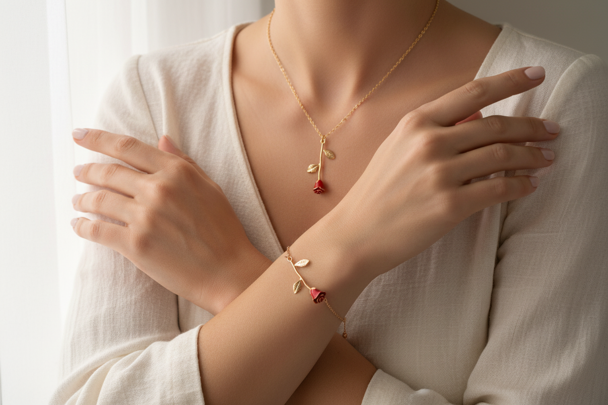 Model wearing rose gold jewelry - overhead view