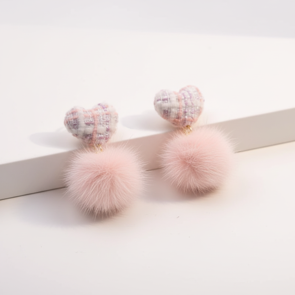 Pink Fur Earrings Close-up