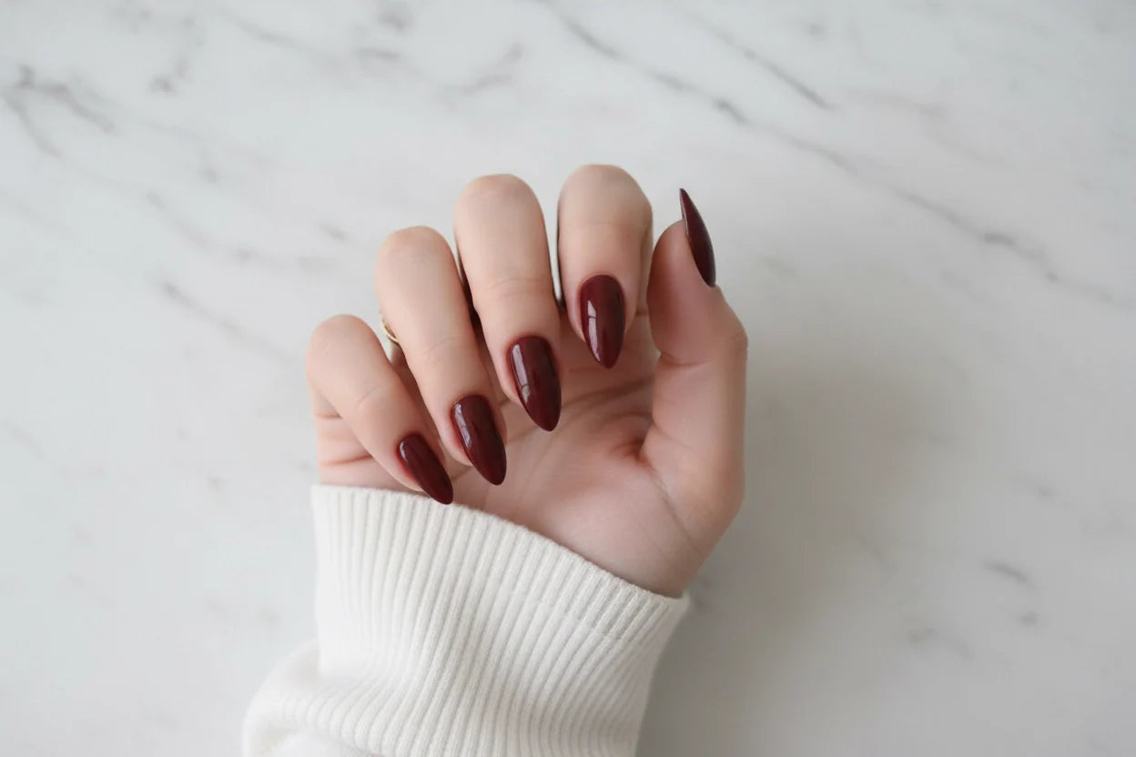 MN-00601 - Dark Maroon - Press On Nail Set Of 24 - Free 24 Pcs Sticker Sheet Included