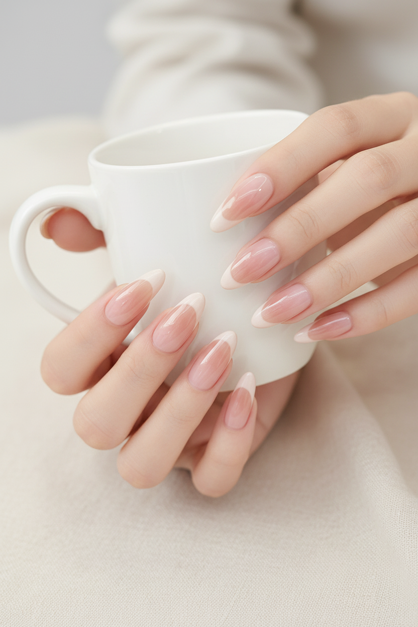 Crepe Pink Press On Nail Set of 24 – Easy Nail Art | GIMS & Pearls / | holding mug pose